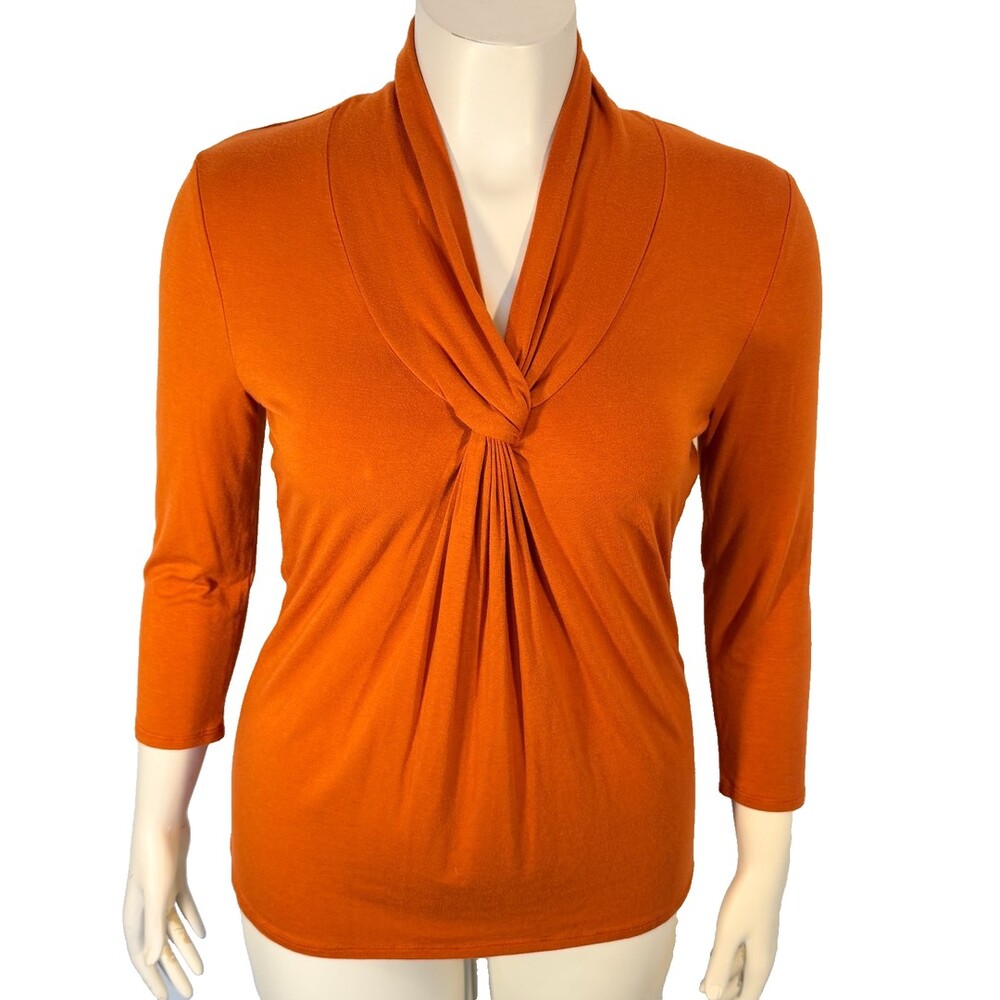 Grace Blouse Women's L Copper Orange V-Neck Cascade Front 3/4 Sleeve